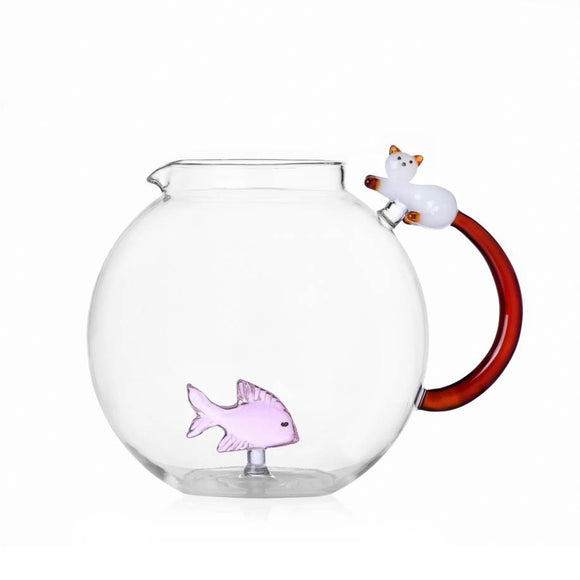 Tabby Cat Jug Pink Fish & White cat with amber tail