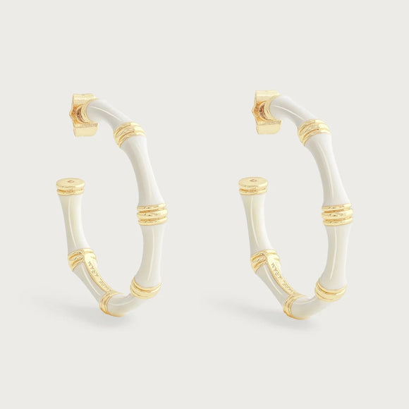 Bamboo Enameled Hoop Earrings, Creme