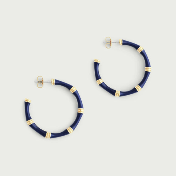 Bamboo Enameled Hoop Earrings, Atlantic Navy Blue